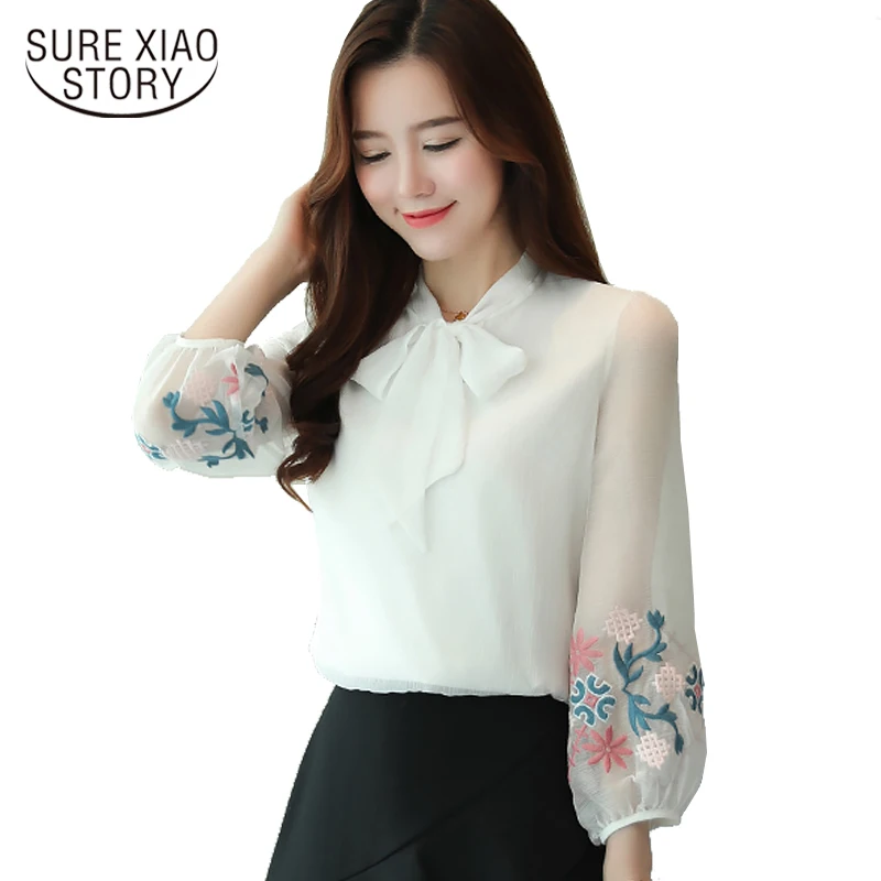 2018 женская шифоновая рубашка Блузки с рукавом-фонариком длинным рукавом Милая