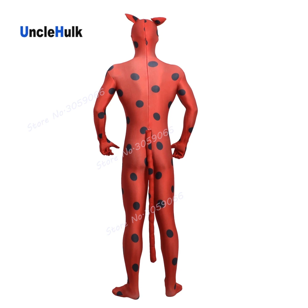 Черный костюм Zentai в горошек из красного спандекса с кошачьими ушками и хвостом |