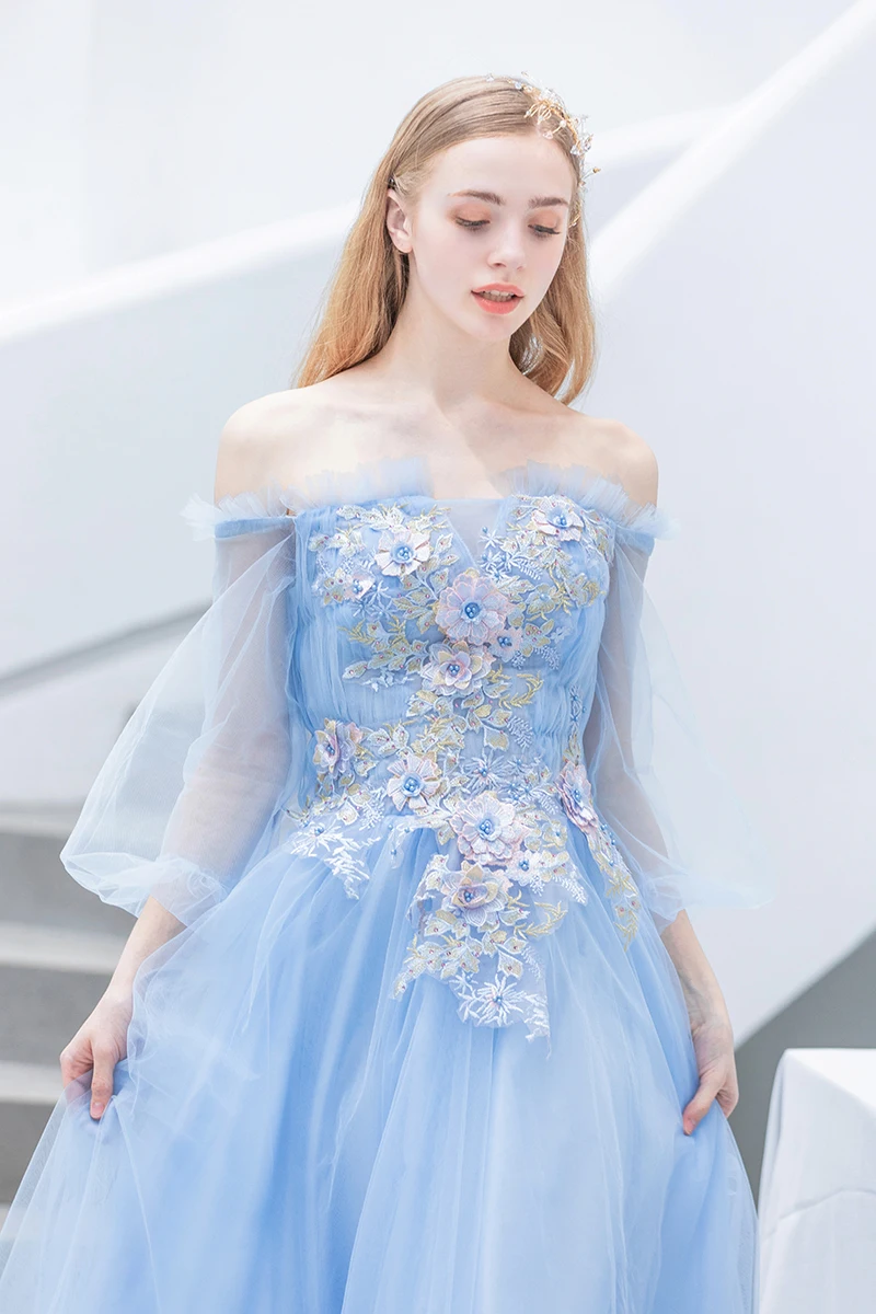 Женское вечернее платье SSYfashion синее длинное до пола с вырезом лодочкой и