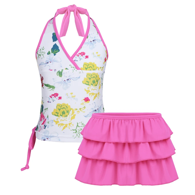 Hot Pink Freebily/купальный костюм для девочек; комплекты из двух предметов; бикини с цветочным принтом; комплект бикини на бретельках для девочек; детский купальник; детский купальный костюм; пляжная одежда - Цвет: Hot Pink