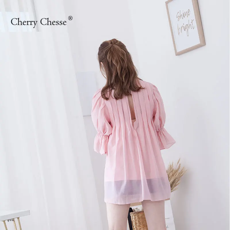Cherry Chesse 2018 Лето Полупрозрачная блузка Для женщин с расклешенными рукавами