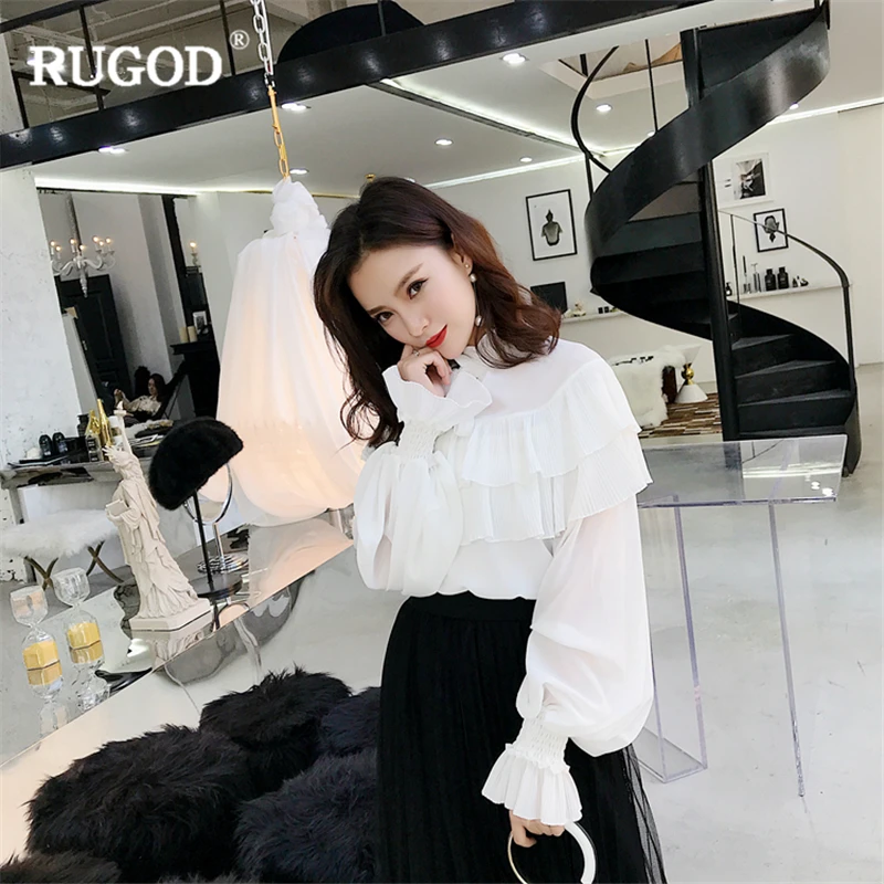 RUGOD 2018 весна-осень женский топ и блузка милый галстук длинный рукав с рюшами