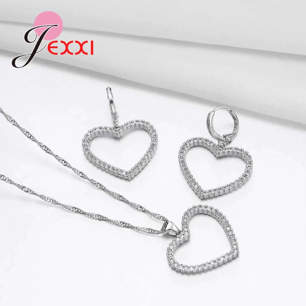 

Women Simple Heart Design Crystal 925 Sterling Silver Chain Jewelry Sets Trendy Necklace + Earrings Fast Shipping