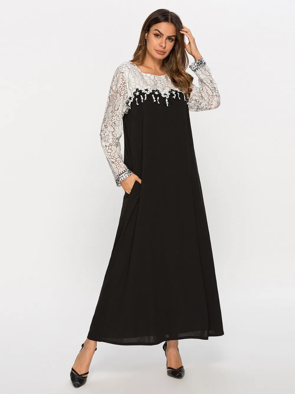 Элегантные кружевные мусульманское платье макси abaya полная длина свободное кимоно длинные халаты Рамадан Ближний Восток арабские Исламская, молитвенная одежда
