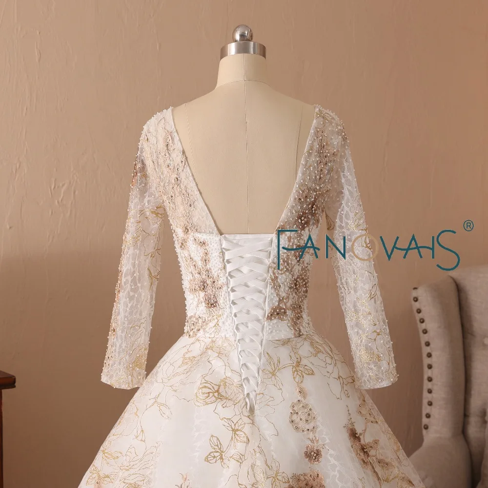 Золотые свадебные платья 2019 жемчуг с длинными рукавами Vestido de Novia gelinlik robe mariage