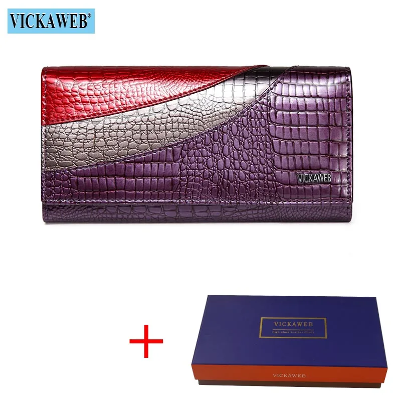 Violet Wallet andBox VICKAWEB кошелек женский в стиле пэчворк с длинными Для женщин кошельки из натуральной кожи кошельки женские Винтаж с застежкой-молнией из кожи аллигатора Стандартный кошельки - Цвет: Violet Wallet andBox