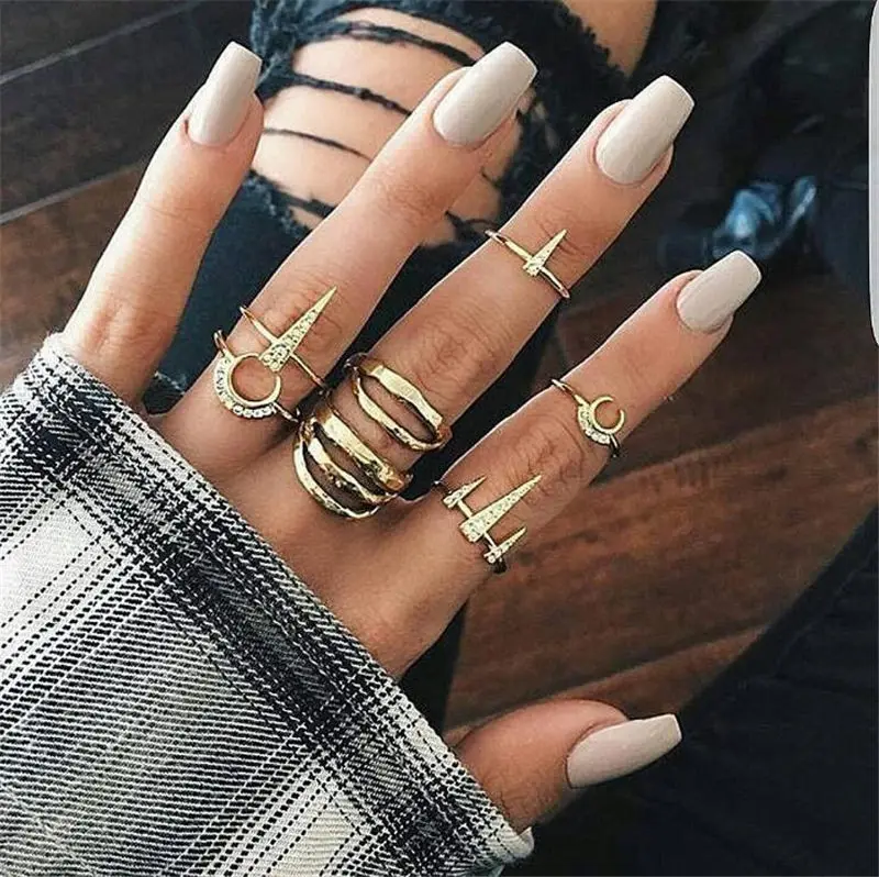 

Vintage Elephant Crown Shape Mosaic Resin Sequins Ring Set Geometric Moon Ancient Silver Color Ring For Women Bohemian Jewelry