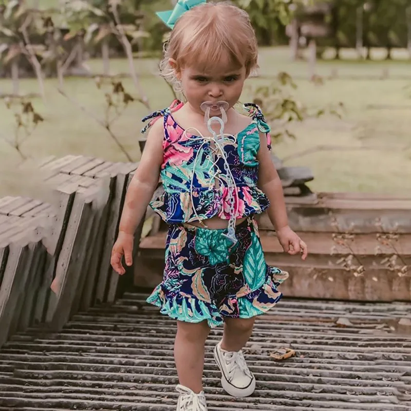 Летняя детская обувь с рукавами топ на бретельках милым принтом для маленьких