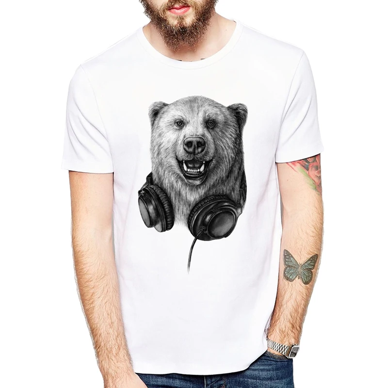 

Funny Wild DJ Bear Print T Shirt Casual Music Rocke T Shirts Casual Short Sleeve O-neck 3XL Tshirt Men