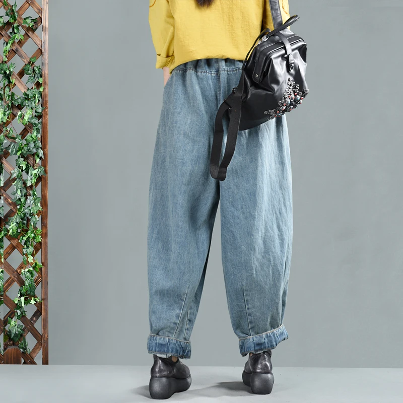 2019 New Women Loose Jeans Casual Denim Harem Pants Plus Size Elastic Waist Washed Trousers |