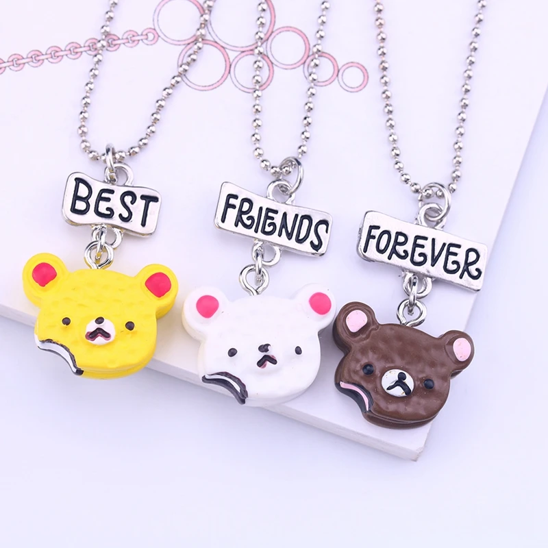 1set(3PCS) Fashion Resin Cute Bear Best Friends Pendant Necklace Cake/Biscuit Drop BFF Children Jewelry Gift N-830 Украшения и