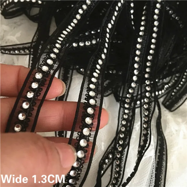 1.3CM Wide Stylish White Black Glitter Beads Handmade Lace Collar Ribbon Edge Trim Bridal Applique Skirt Splice DIY Sewing Decor