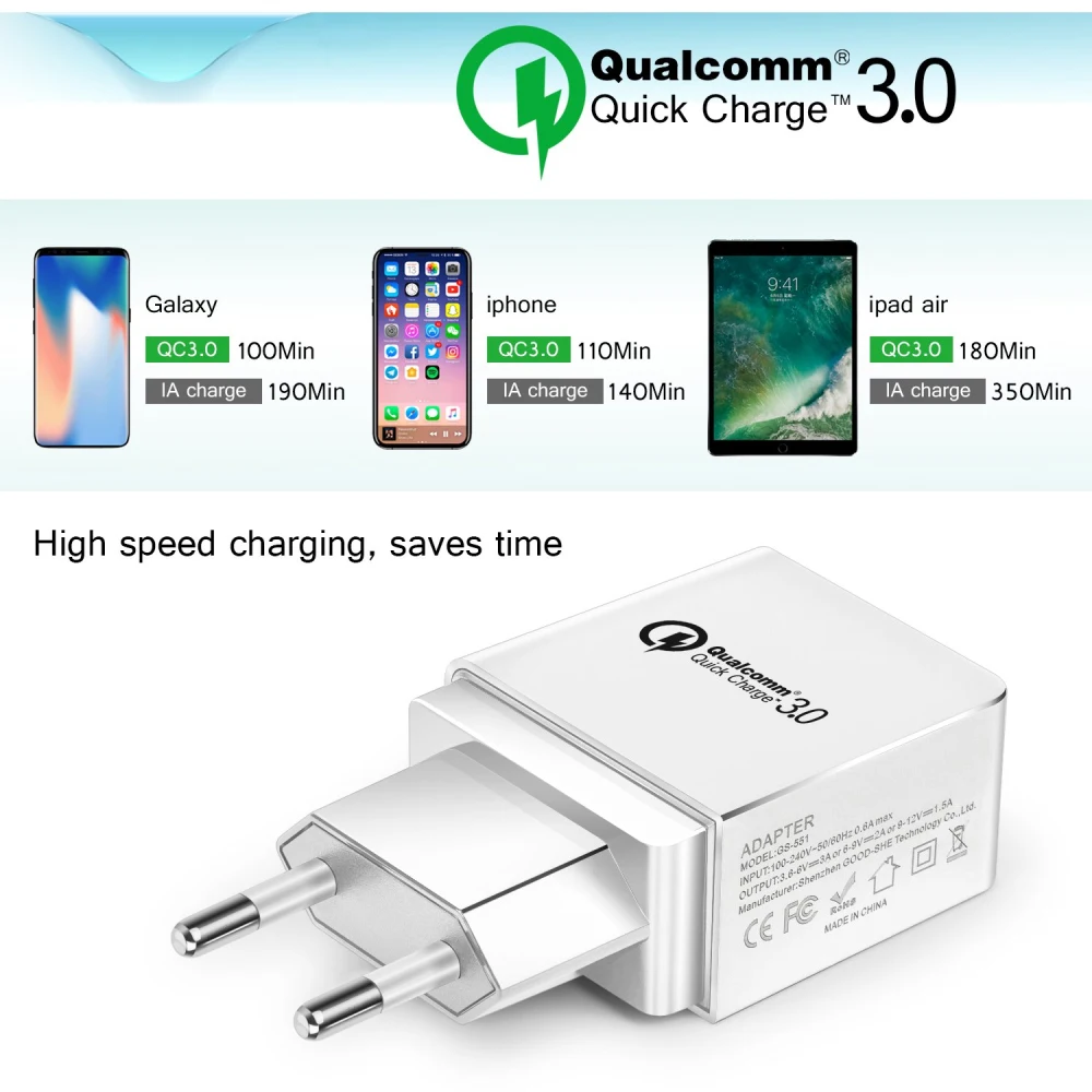 Универсальный USB Quick charge 3 0 5V 2.4A для Iphone 7 8 EU US Plug быстрое зарядное устройство