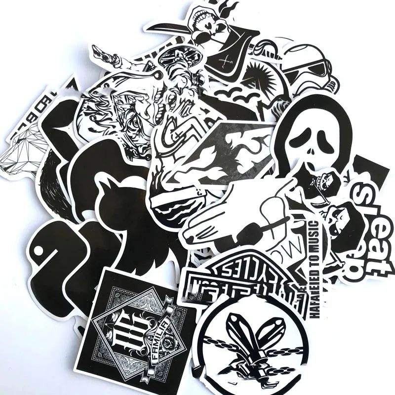 100pcs Black and White Random Stickers Graffiti Funny Sticker for Laptop Suitcase Skateboard Moto Bicycle Car Kid's Toy | Игрушки и