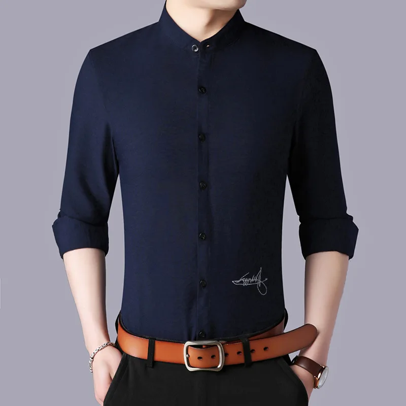 Fashion 2018 Men's Shirt Blue Long Sleeve White Slim Fit Business Form-fitting Mandarin Collar Shirts Cheap Clothes China | Мужская