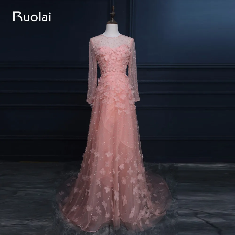 

Real Photo Elegant Scoop Long Sleeves Tulle A-Line Flowers Beaded Evening Dresses Long for Formal Prom Party Dress ASAFE2