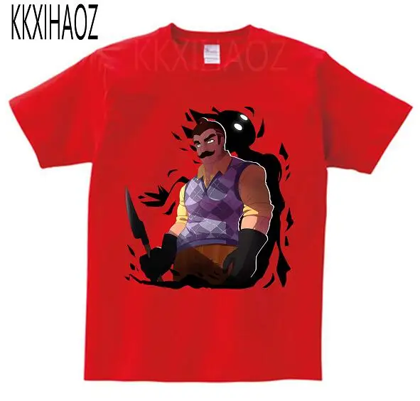 red childreT-shirt Новинка года, летние топы для мальчиков, футболка с надписью «Hello neighor» хлопковые однотонные модные футболки с круглым вырезом детская брендовая одежда, KKXIHAOZ MJ - Цвет: red childreT-shirt