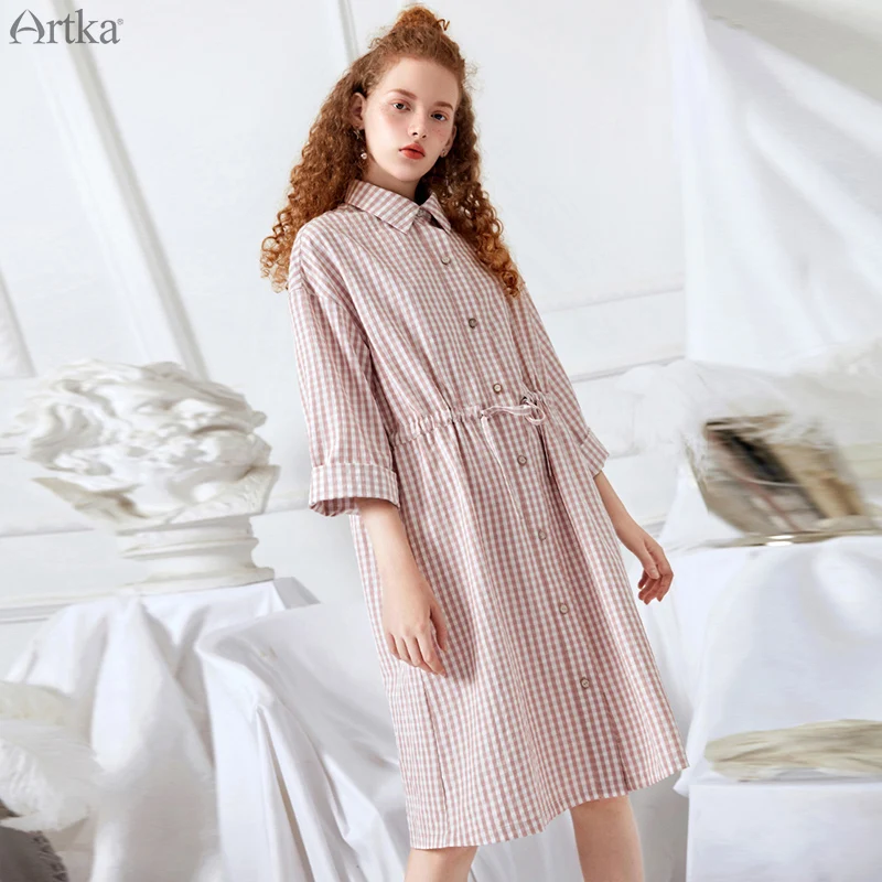 Женское клетчатое платье-рубашка ARTKA Повседневное платье с отложным воротником и