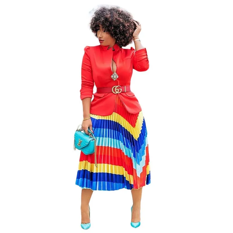 Africa Clothing Multicolor Printed Pleated Skirt Women New Spring Bottom Holiday Beach Boho Party Club