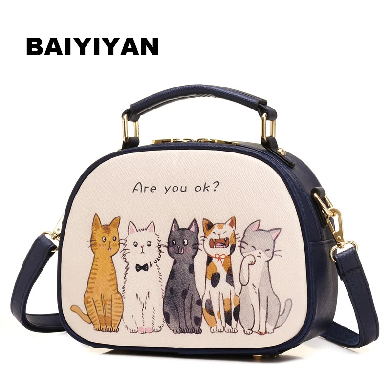 Женская сумка с милым рисунком кота через плечо из искусственной кожи