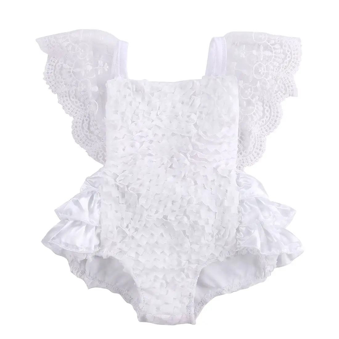 

Baby Girls Lace Floral Cake Ruffles Sleeve Bodysuit Jumpsuit Backless Sunsuit Outfits Size 0-18M
