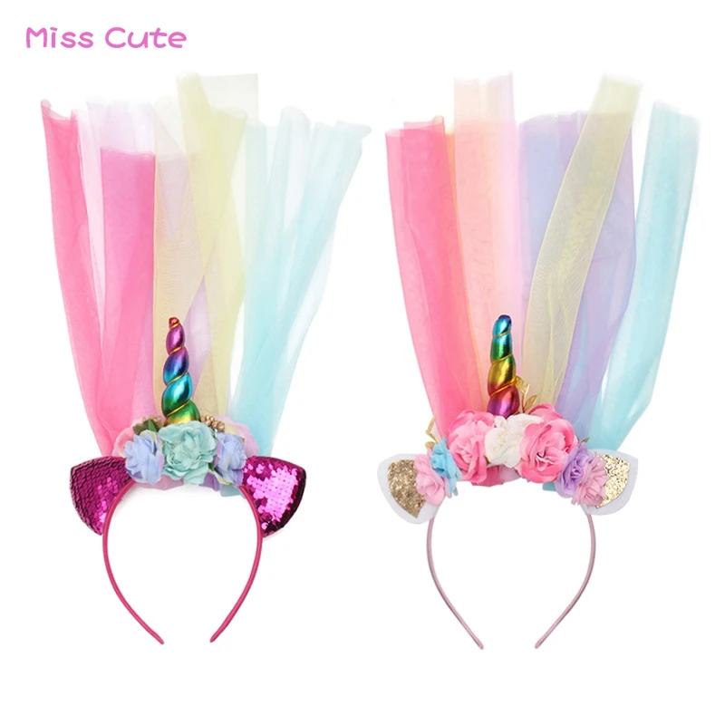 1 шт. Радужная повязка с единорогом блестящая на голову кошачьими ушками и