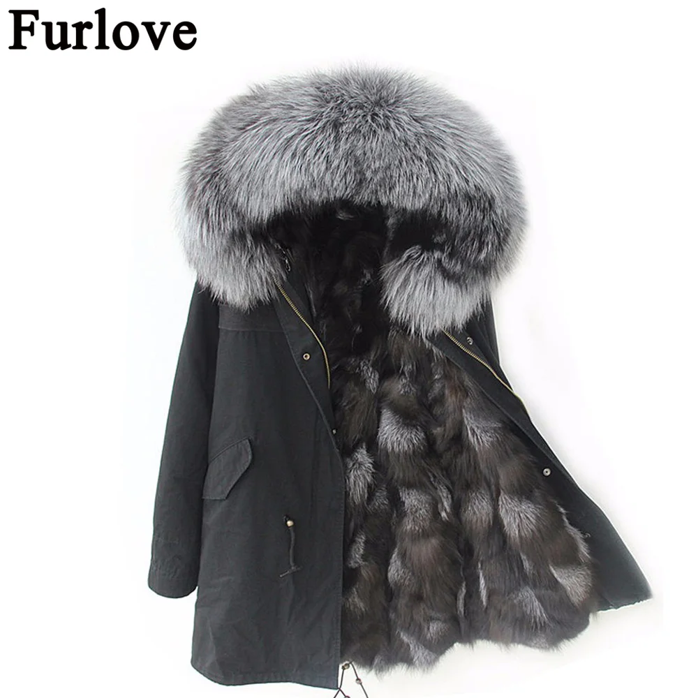 Furlove/новинка 2016 зимняя куртка женские парки армейский зеленый цвет большой енот