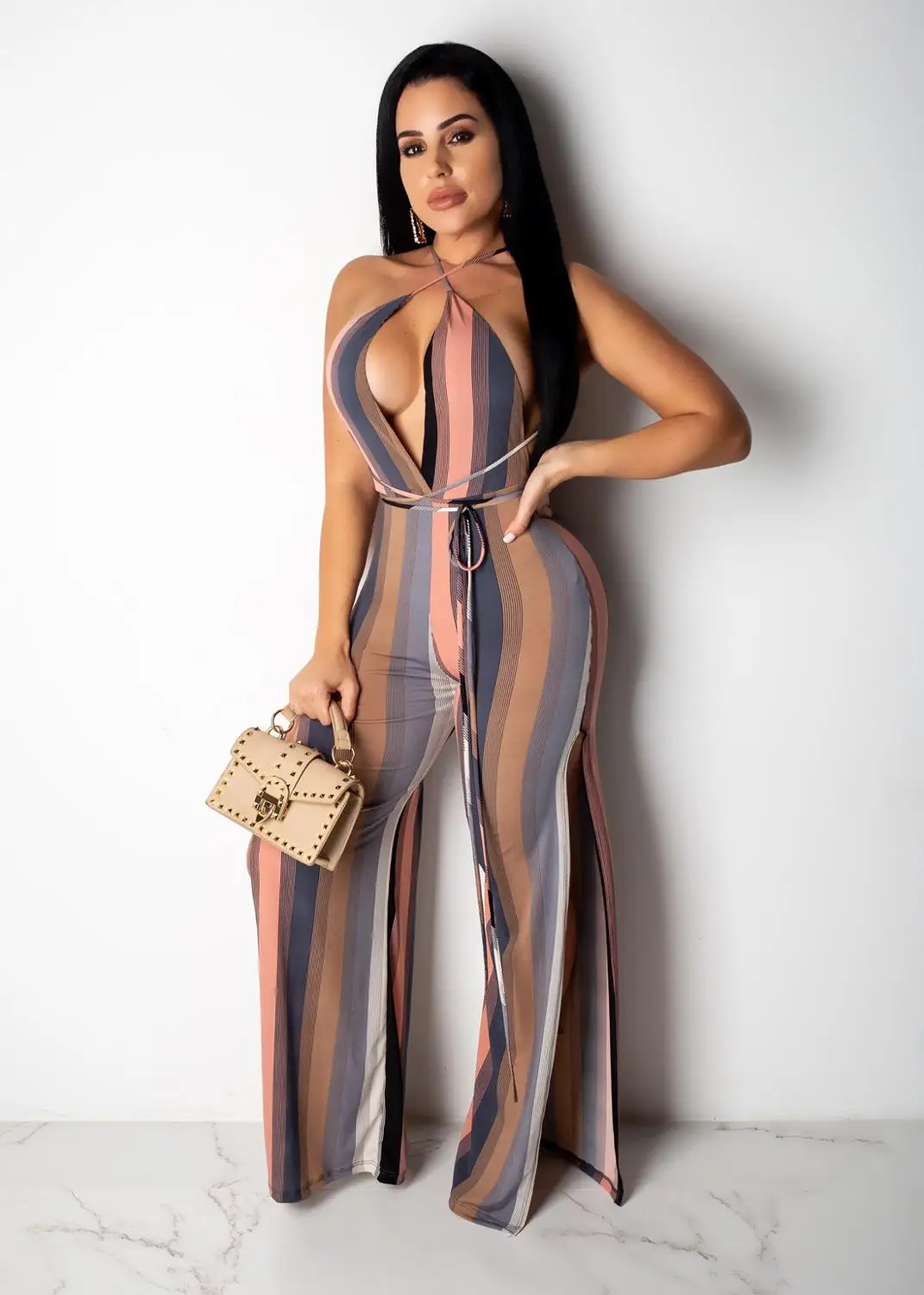 

New Arrival Sexy Colorful Striped Print Sleeveless Belt Halter Hollow Out Split Women Jumpsuits Female Playsuits Casual Rompers