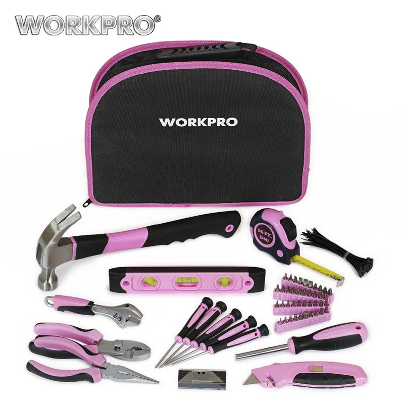 WORKPRO 103 шт Набор инструментов розового цвета Наборы инструментов для дома ручные инструменты молотки плоскогубцы пилы отвертки гаечные ключи ленты