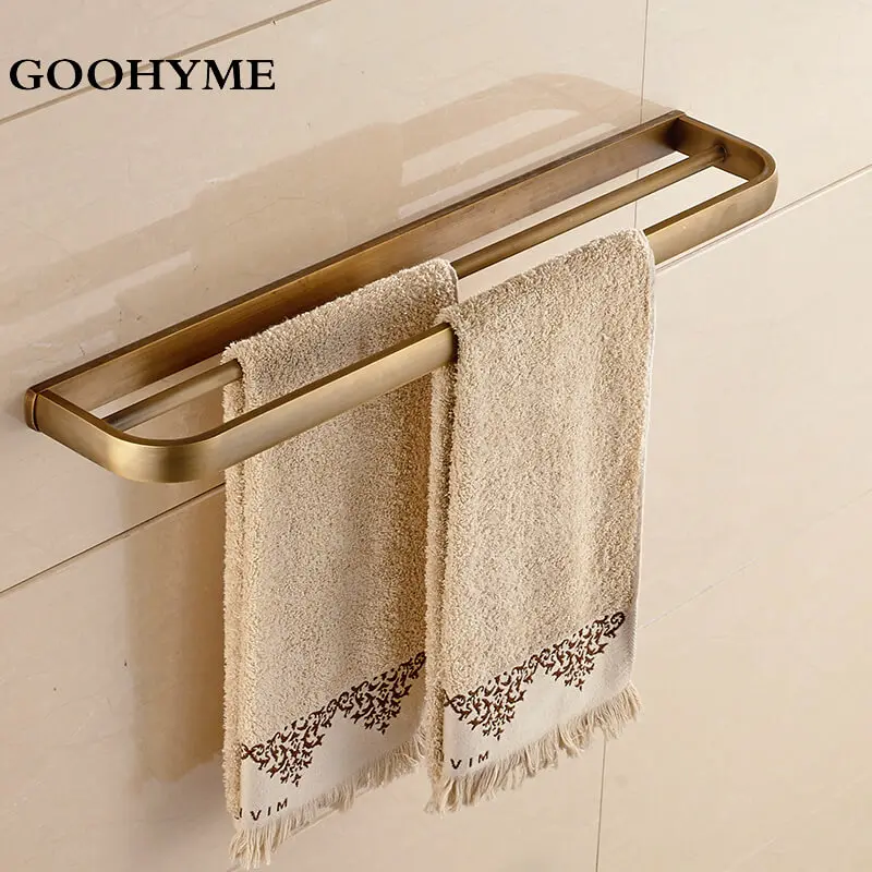 Modern Gold Plating Double Towel Bar Wall Mounted Stainless Steel Hanger Bathroom Accessories Retro Rail Rack BA003 | Обустройство