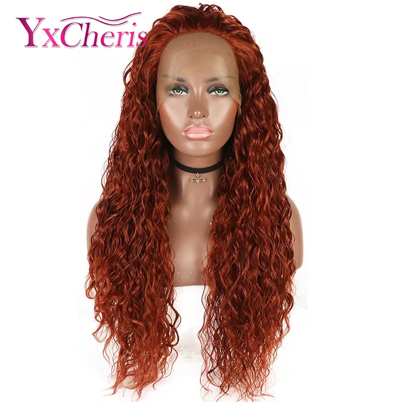 Фронтальная Кружева парик вьющиеся синтетический каштановые волосы парики для