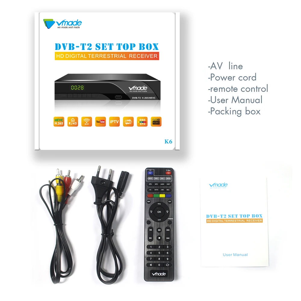 DVB T2 FULL HD 1080P Digital Terrestrial TV receiver T2-K6 Built-in network port support Youtube Dolby AC3 H.265 BOX | Электроника