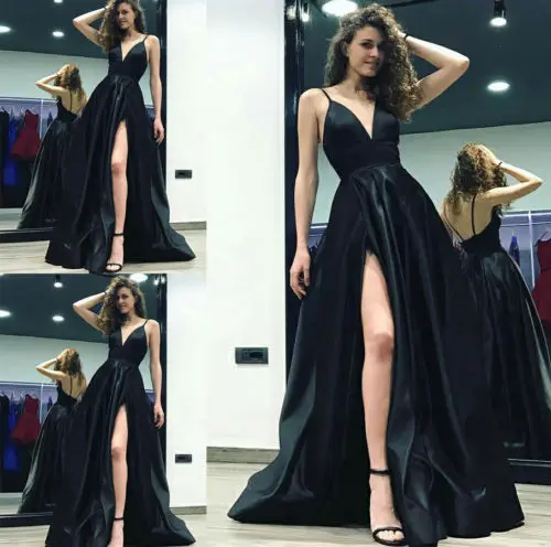 

Fashion Women V Neck Formal High Side Slit Party Dresses Charming Dress Sexy Strappy Long Maxi Dress Fashion