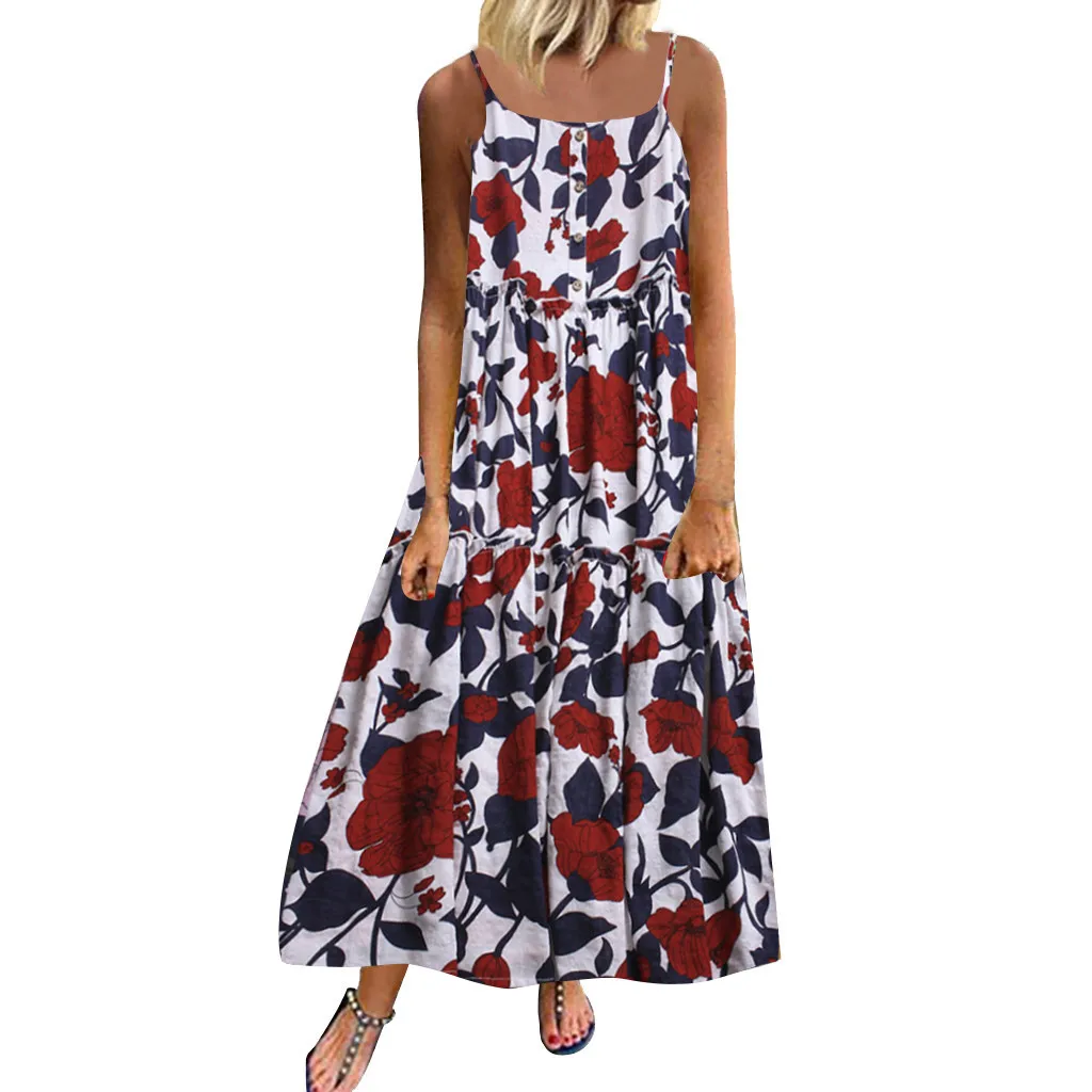 Female clothing Women Plus Size Button Loose Sleeveless Boho Retro Linen Print Long Maxi Dress Elegant Women's Bodycon#5