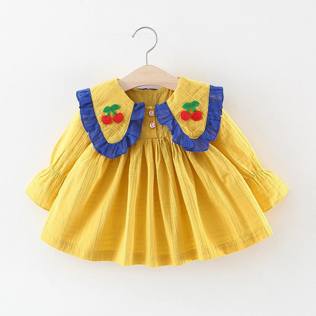 Toddler Baby Kids Girls Ruched Cherry Doll Collar Dresses Casual Clothes