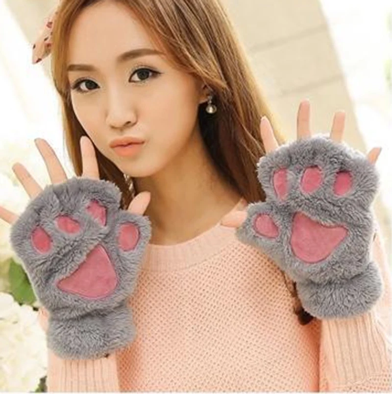 Зимние женские перчатки пушистые с медвежьими/кошачьими плюшевыми