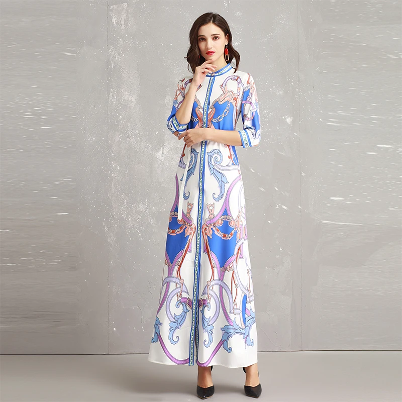 2019 Spring Pretty Print Maxi Dress Women New Hot Three Quarter Sleeve O_neck Female Slim Sweet Long With Belt | Женская одежда