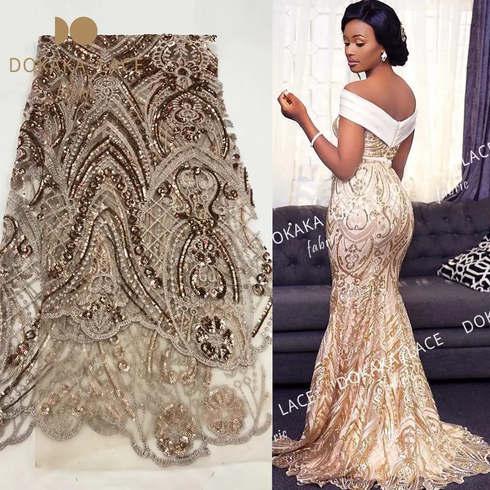 Gold Sequined Embrodiered African Mesh Net Lace Fabrics 2019 Noble Prom Dresses Sewing Laces Wedding Material Sequins Mesh Laces