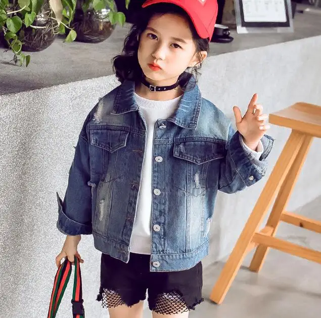 Rlyaeiz High Quality Fashion Hole Girls Denim Jacket 2019 Spring Cowboy Jackets Letter Printed Kids Short For 4-13Y | Детская одежда и