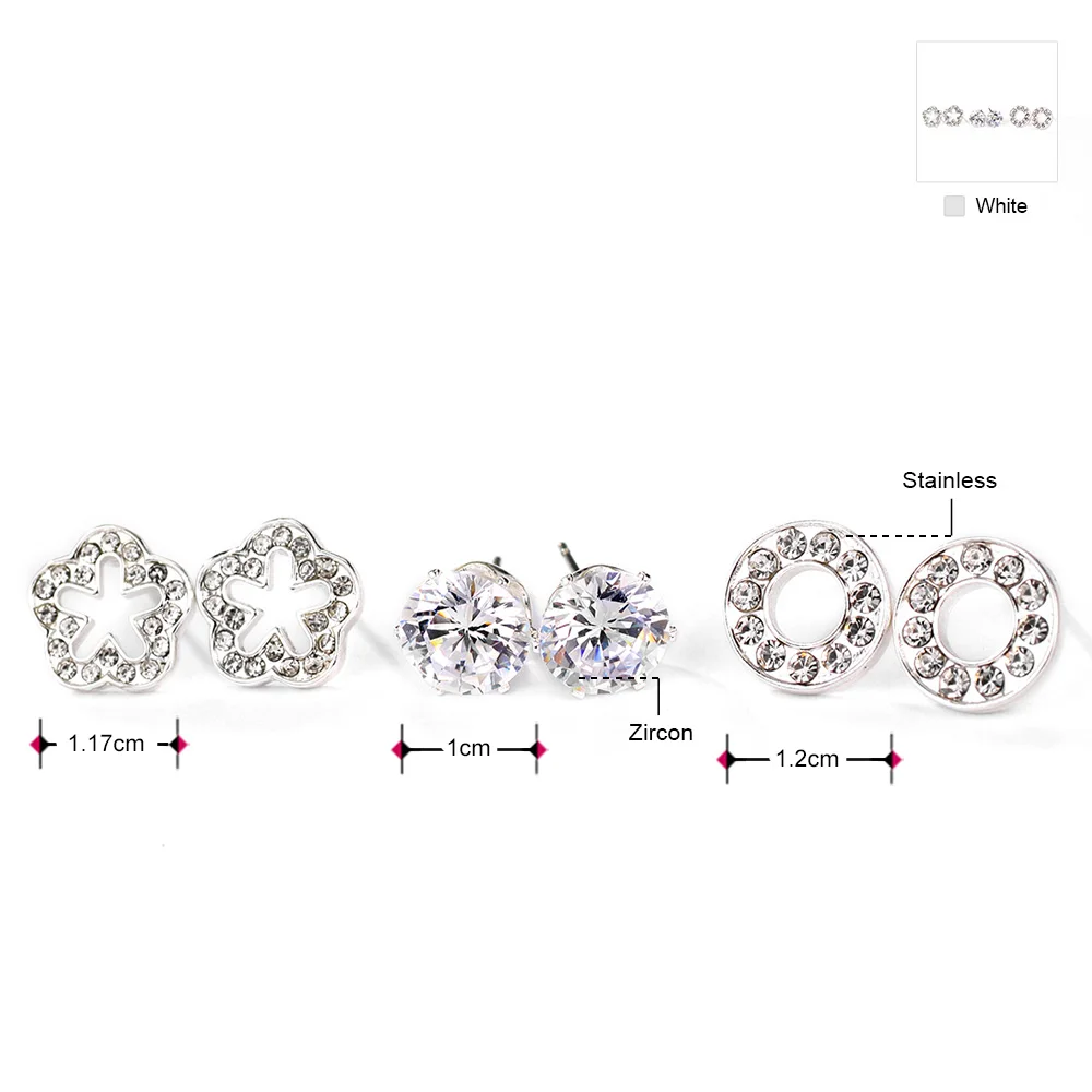 Серьги гвоздики Neoglory стразы маленькие три пары набор белых цветов для женщин