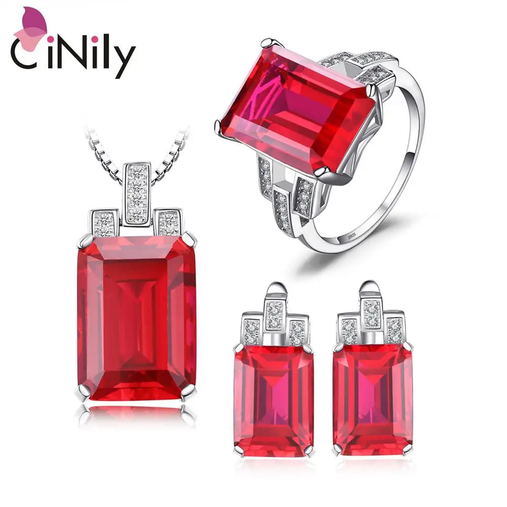 Red CiNily 925 пробы Серебряный Красный Рубиновый Изумрудный сапфир для женщин ювелирные изделия кулон серьги кольцо Sz 6-9 комплект ювелирных изделий ST001-03 - Цвет камня: Red