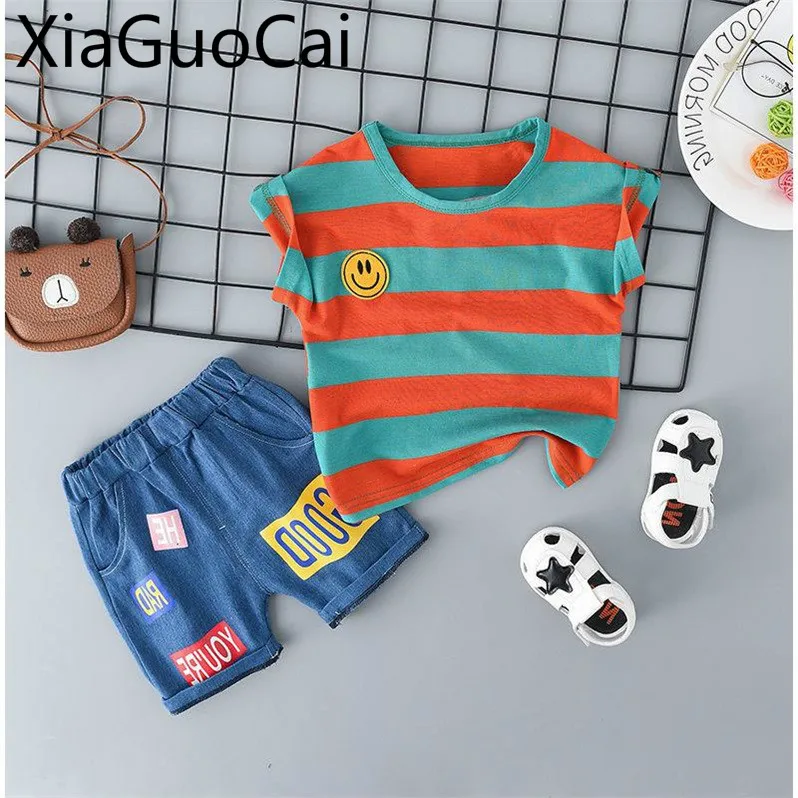 Летние детские футболки и шорты в полоску с короткими рукавами принтом хлопковые