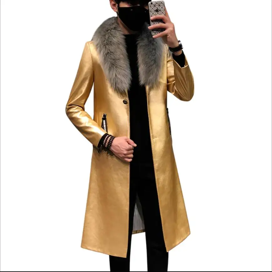 M-3xl мужской Тренч из искусственной кожи с меховым воротником корейский длинный