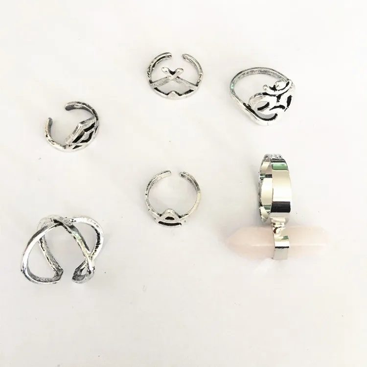 Кольцо Для панка женское винтажное посеребренное с натуральным камнем 6 шт./набор