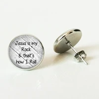 jesus is my rock this is how i roll the stud earrings faith christian inspirational glass cabochon stud earrings jewelry