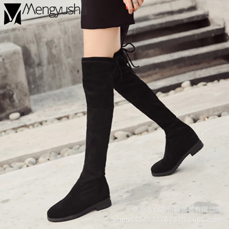 Зимние Сапоги выше колена на плоской подошве с Плюшевым Мехом женские эластичные