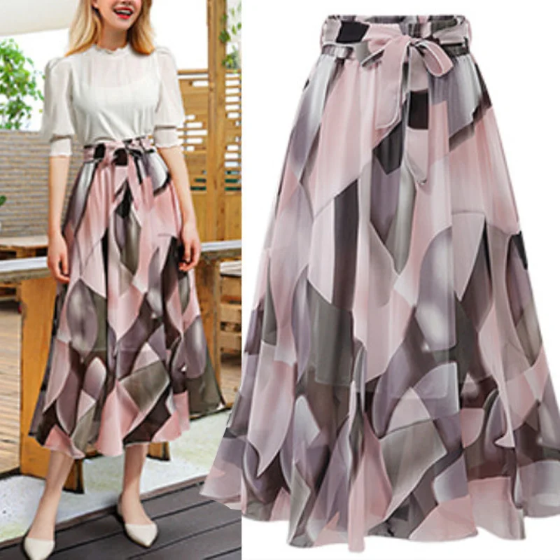 Women's Floral Skirt Print Chiffon Loose High Waist Irregular Large Pendulum | Женская одежда