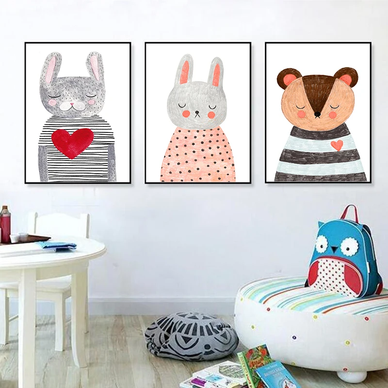 

Modern Cute Cartoon Animal Bear White Rabbit Poster Abstract Print Canvas Painting Picture Home Wall Art Decoration Wall Sticker