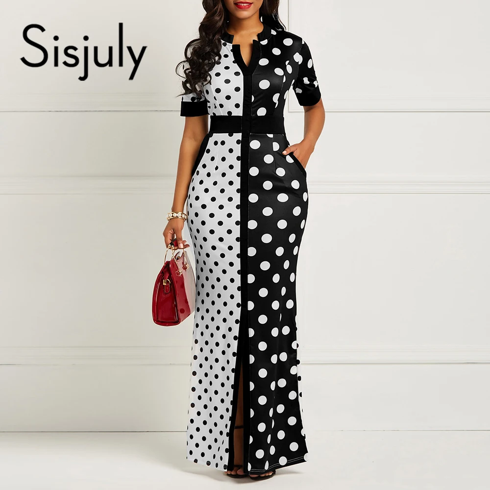 Sisjuly Vintage Bodycon Dress Женщины Длинные Черный Белый Горошек Бандаж Сплит Тощий Офис Леди Элегантный Партия Сексуальные Платья Макси