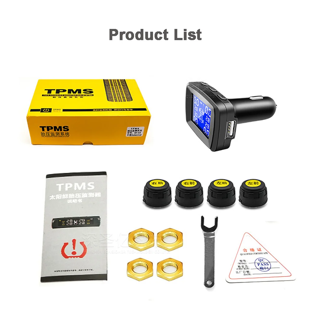 Car Tire Pressure Monitoring System Cigarette Lighter Plug TPMS LCD Display Waterproof 4 External Internal Sensors USB Charging |